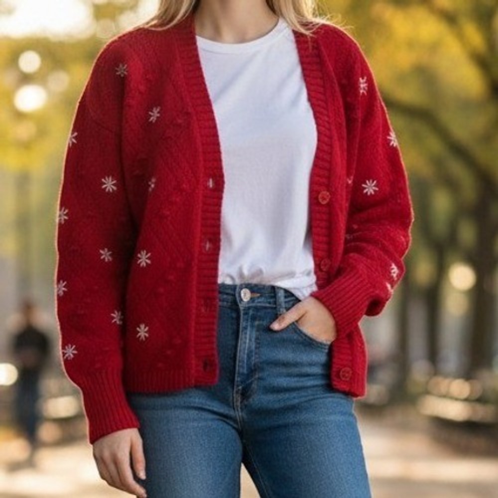 Talbots Cardigan (M) Red Excellent Snowflake Cable Knit Embroidered Sweater